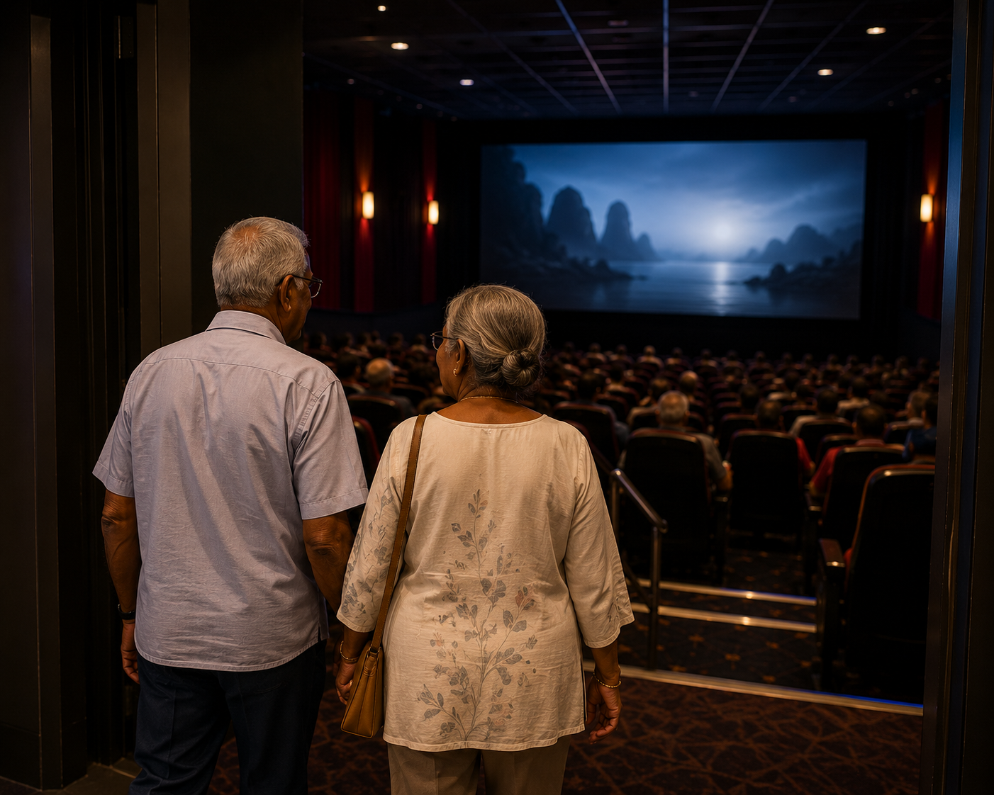 Caribbean Cinemas auditorium with red lighting