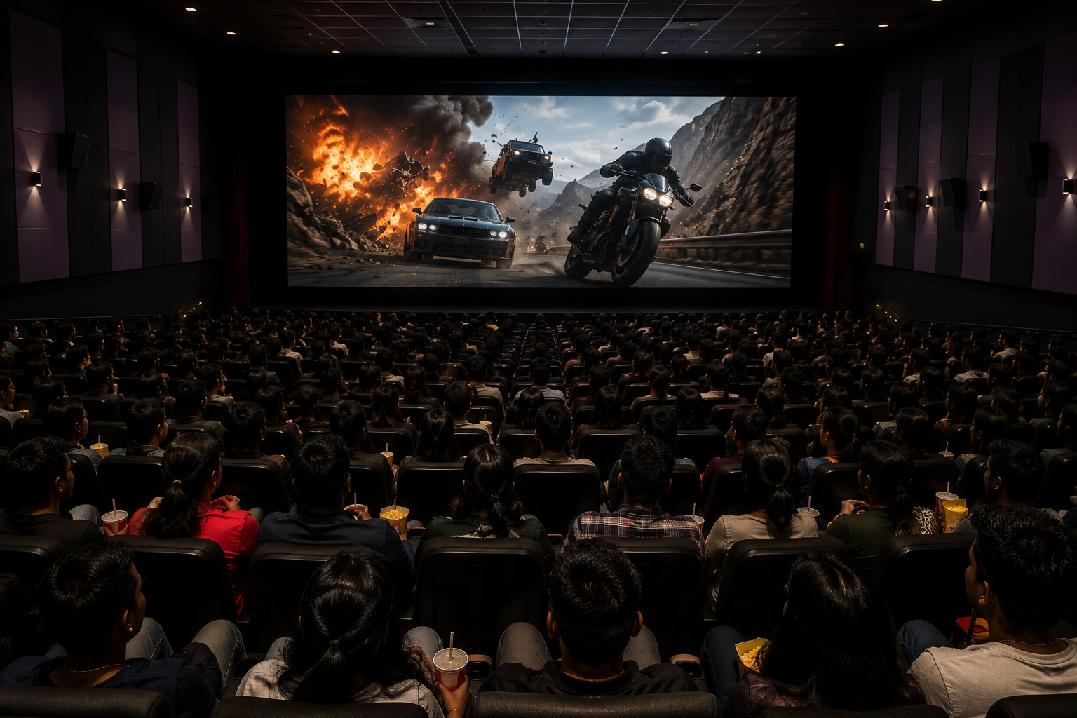 Cinema auditorium with warm red lighting